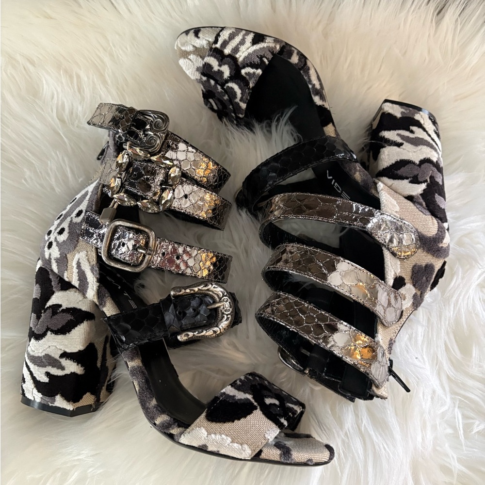 Strategia Italian Designer Embellished Block Heel Sandals Boho Glam Size 36 NWT